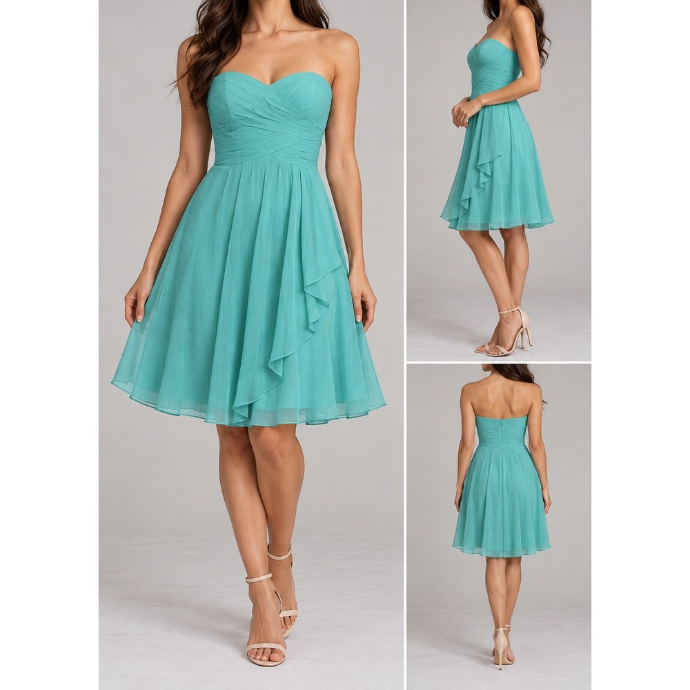 Davids Bridal Turquoise Strapless Chiffon Cocktail Dress Sweetheart Ruffle-SZ 4